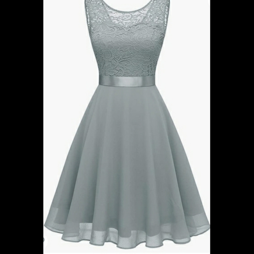 BeryLove Light Gray Lavender Floral Lace Top Chiffon Skirt w/Satin Belt Dress L